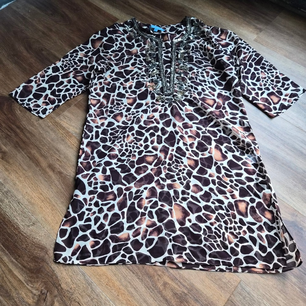 Antonio Melani Giraffe Print Embellished Tunic Top Beaded Chiffon Small Sheer